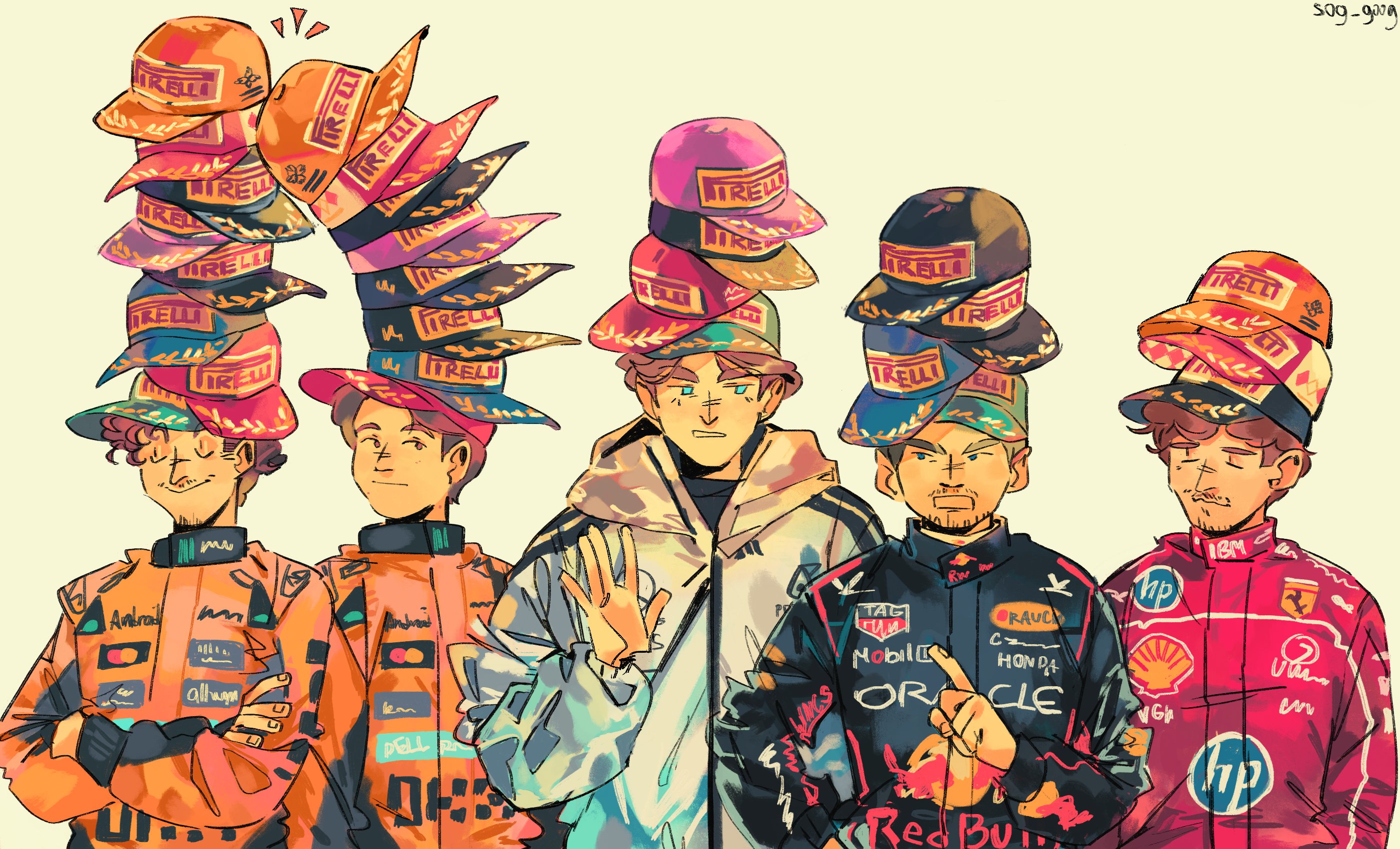charles leclerc, max verstappen, ferrari, formula one, hewlett-packard, pirelli, real life, red bull, shell (company), tag heuer, commentary, english commentary, highres, 5boys, arguing, baseball cap, blue eyes, blue racing suit, brown eyes, brown hair, closed eyes, closed mouth, crossed arms, facial hair, george russell, grey jacket, hat, hat over hat, hood, hooded jacket, index finger raised, jacket, lando norris, looking at another, male focus, multiple boys, no sclera, notice lines, one eye closed, orange racing suit, oscar piastri, racing suit, red racing suit, simple background, smile, sog goog, yellow background