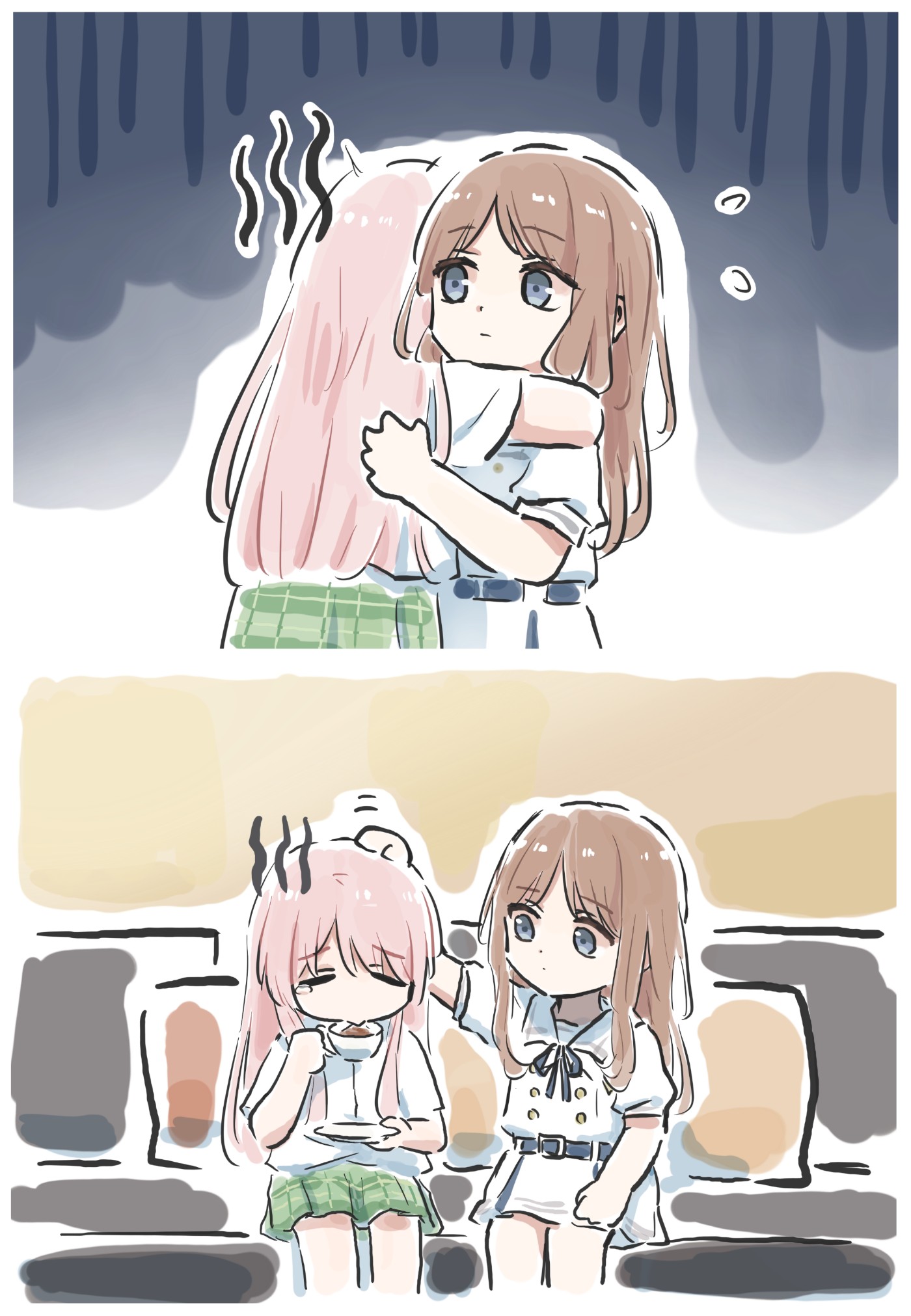 lyy, chihaya anon, nagasaki soyo, bang dream!, bang dream! it's mygo!!!!!, highres, 2girls, blue eyes, brown hair, cup, dress, gloom (expression), haneoka school uniform, headpat, holding, holding cup, hug, long hair, multiple girls, pink hair, school uniform, shirt, short sleeves, sitting, tsukinomori school uniform, white dress, white shirt