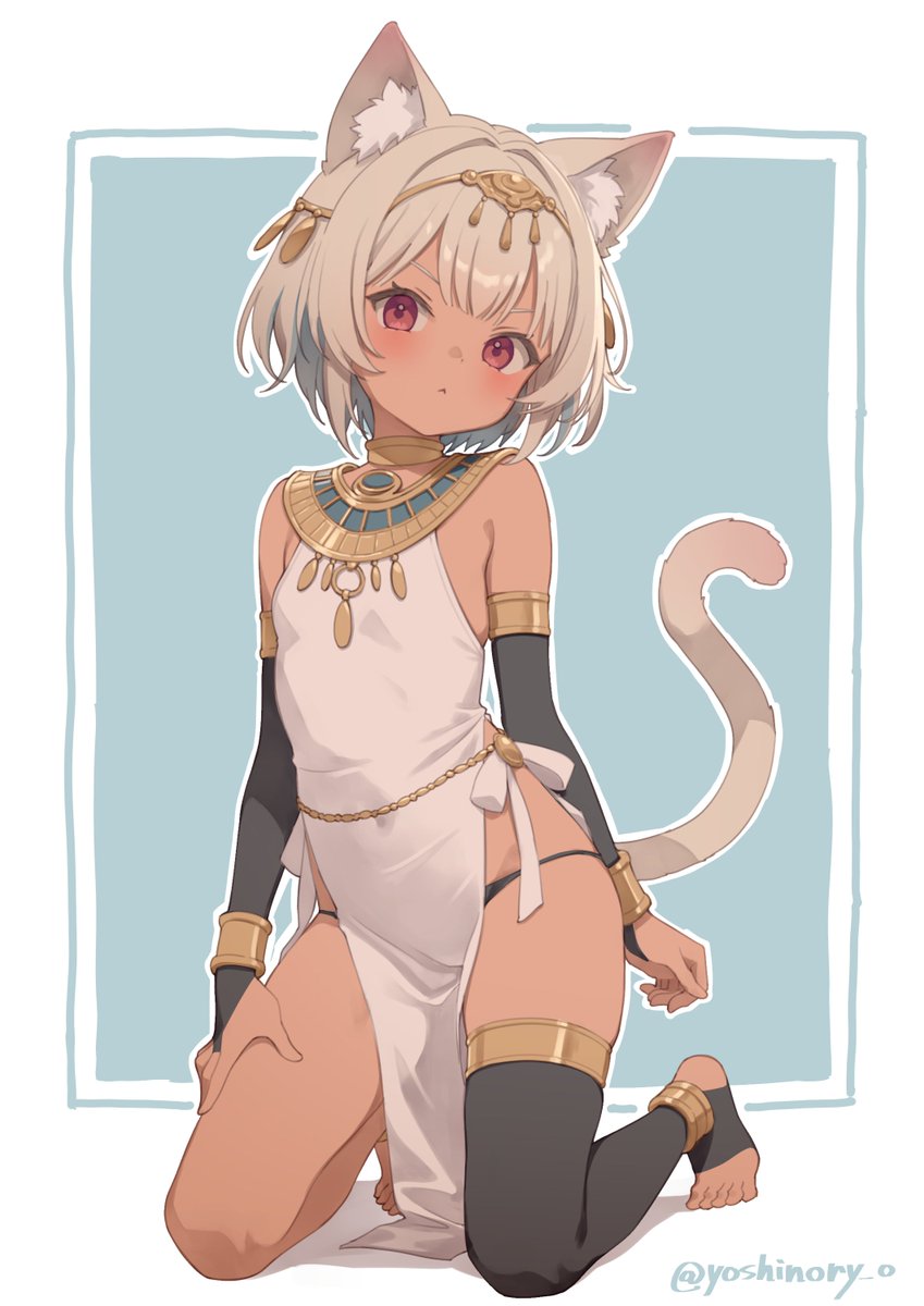 yoshino ryou, original, highres, 1girl, animal ear fluff, animal ears, bare shoulders, black panties, black thighhighs, blue background, blush, breasts, bridal gauntlets, cat ears, cat girl, cat tail, covered navel, dark-skinned female, dark skin, dress, jewelry, looking at viewer, outline, panties, red eyes, short hair, single thighhigh, sleeveless, small breasts, solo, tail, thighhighs, underwear, usekh collar, white dress, white outline