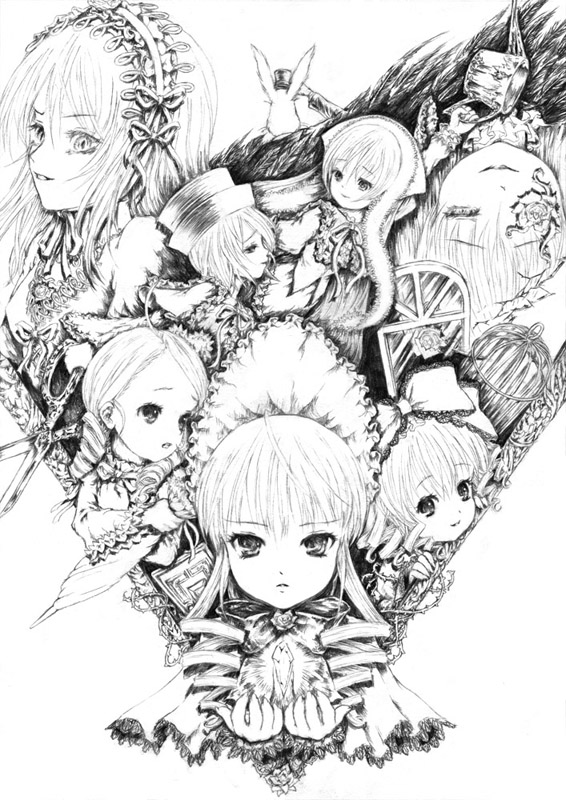 katzeh, hinaichigo, kirakishou, laplace's demon (rozen maiden), shinku, souseiseki, suigintou, suiseiseki, rozen maiden, 00s, 6+girls, blunt bangs, bonnet, dress, drill hair, elbow gloves, everyone, gloves, greyscale, hairband, hat, lolita hairband, long hair, looking at viewer, monochrome, multiple girls, parted lips, short hair, siblings, sisters, top hat, twin drills, twins, twintails, very long hair