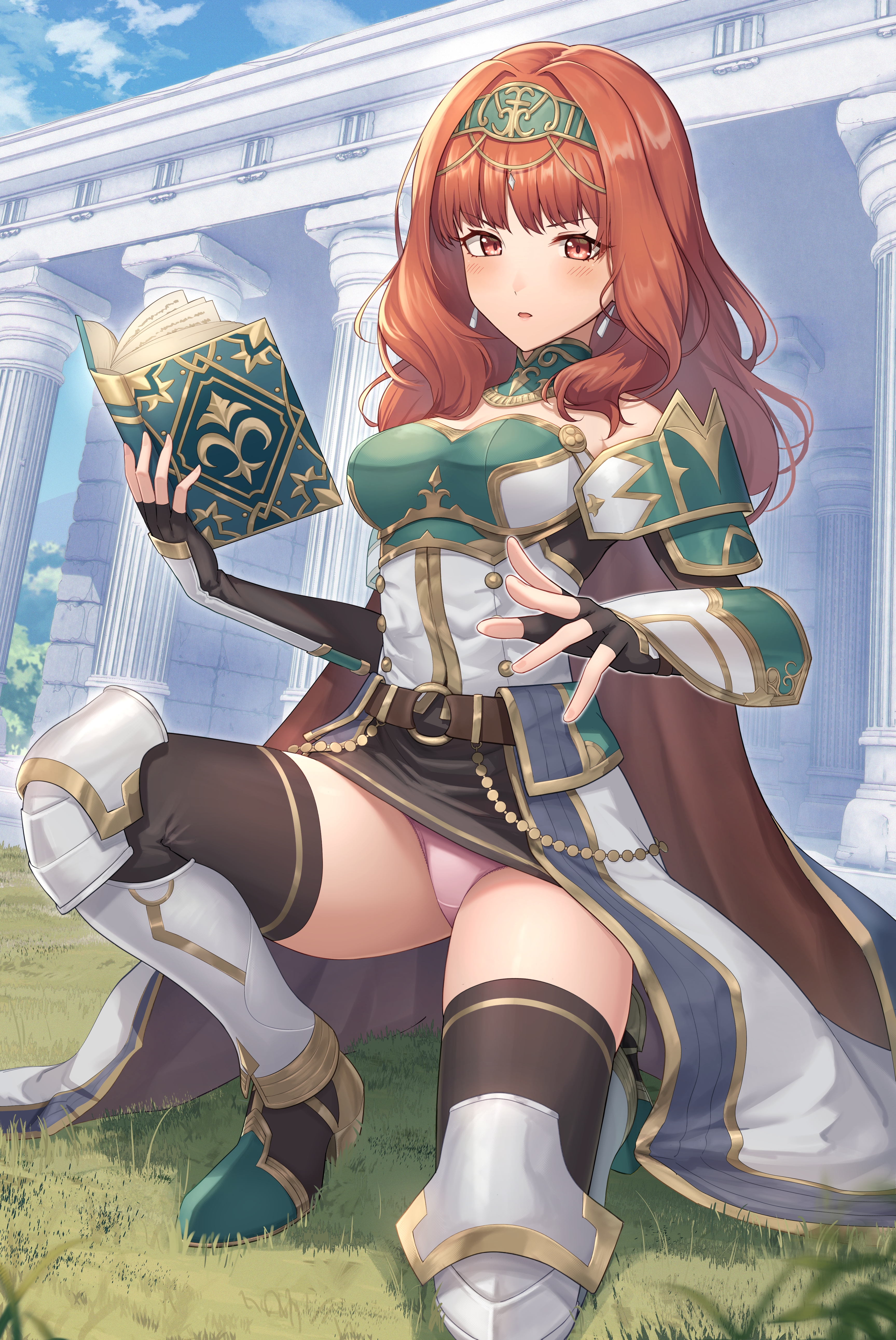 kamuchin soda, celica (fire emblem), celica (valentine) (fire emblem), fire emblem, fire emblem echoes: shadows of valentia, fire emblem heroes, nintendo, 1girl, arm guards, armor, armored boots, belt, black gloves, black skirt, black thighhighs, blush, book, boots, breastplate, breasts, brown belt, cape, day, detached collar, earrings, fingerless gloves, gloves, gold trim, grass, headpiece, holding, holding book, jewelry, long hair, looking at viewer, medium breasts, o-ring, official alternate costume, on ground, on one knee, outdoors, panties, pantyshot, pillar, pink panties, red eyes, red hair, shirt, skirt, solo, thighhighs, underwear, white cape, white shirt