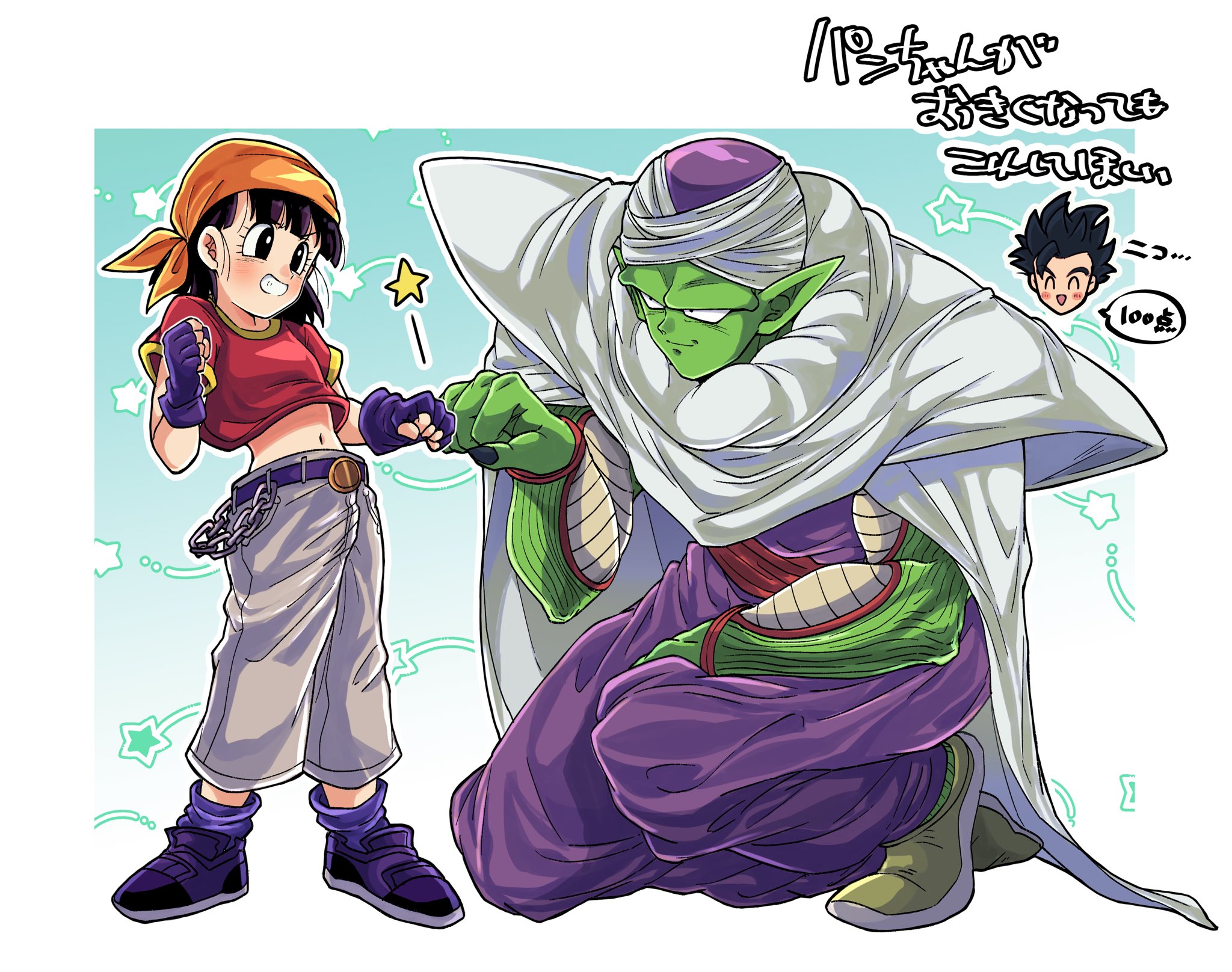 otyumamii, pan (dragon ball), piccolo, son gohan, dragon ball, dragon ball gt, commentary request, highres, translation request, 1girl, 2boys, alien, bandana, belt buckle, black eyes, black hair, black nails, blue background, blunt bangs, blunt ends, border, buckle, cape, colored skin, crop top, dougi, father and daughter, fingerless gloves, fist bump, gloves, green skin, grin, height difference, multiple boys, navel, on one knee, orange bandana, pointy ears, purple dougi, purple gloves, purple shoes, purple socks, red shirt, shirt, shoes, short hair, smile, socks, spiked hair, star (symbol), turban, wallet chain, white border, white cape, white turban