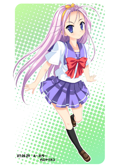 eitarou (kaminari neko), original, 1girl, artist name, black socks, blue eyes, dated, female focus, long hair, pink hair, pleated skirt, purple hair, school uniform, serafuku, signature, skirt, socks, solo