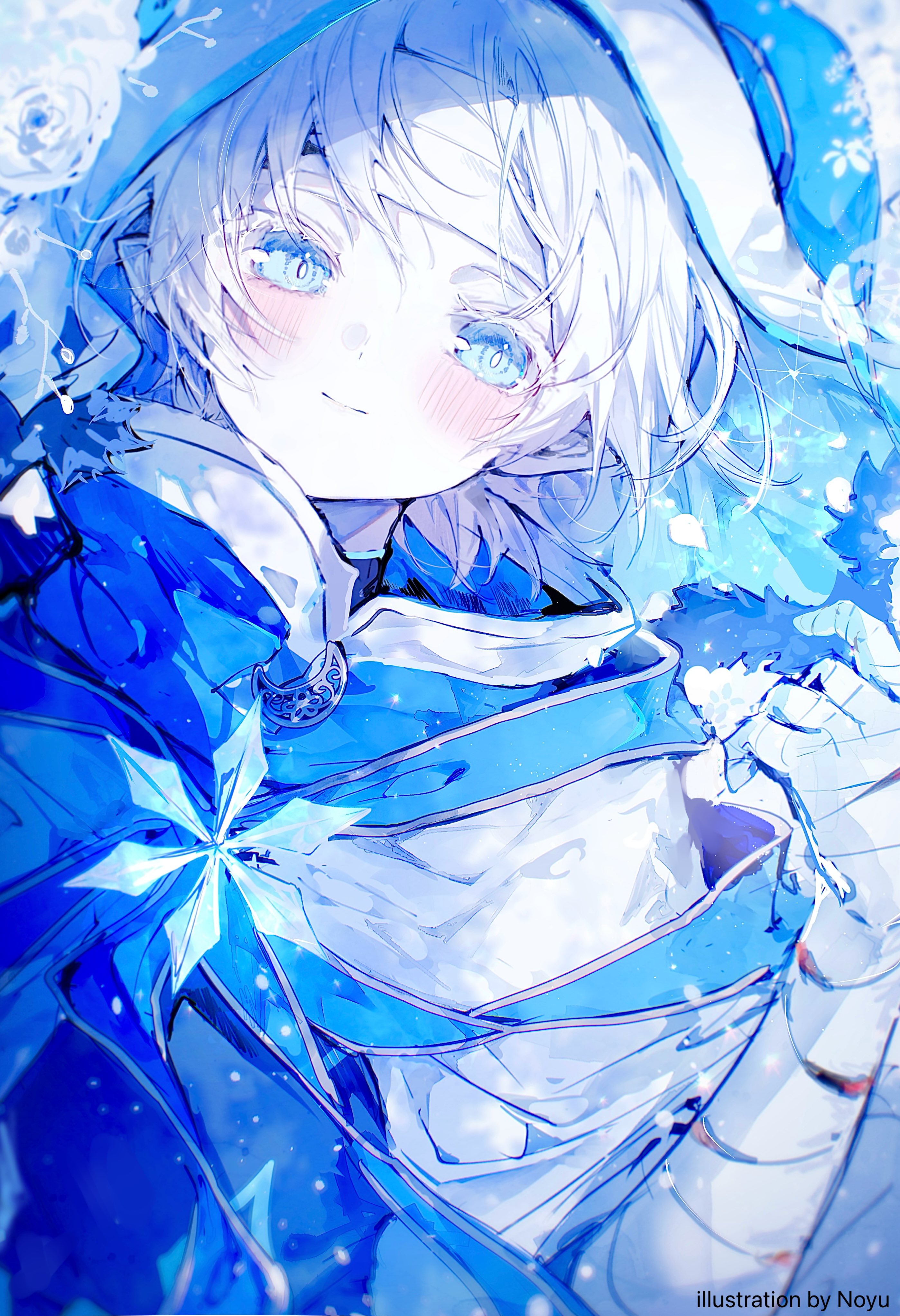 noyu (noyu23386566), original, absurdres, highres, 1girl, bandaged arm, bandaged hand, bandages, blue eyes, blue theme, blush, cape, cloak, closed mouth, flower, gloves, hand up, hood, looking at viewer, pointy ears, short hair, smile, snowflakes, solo, star (symbol), upper body, white hair