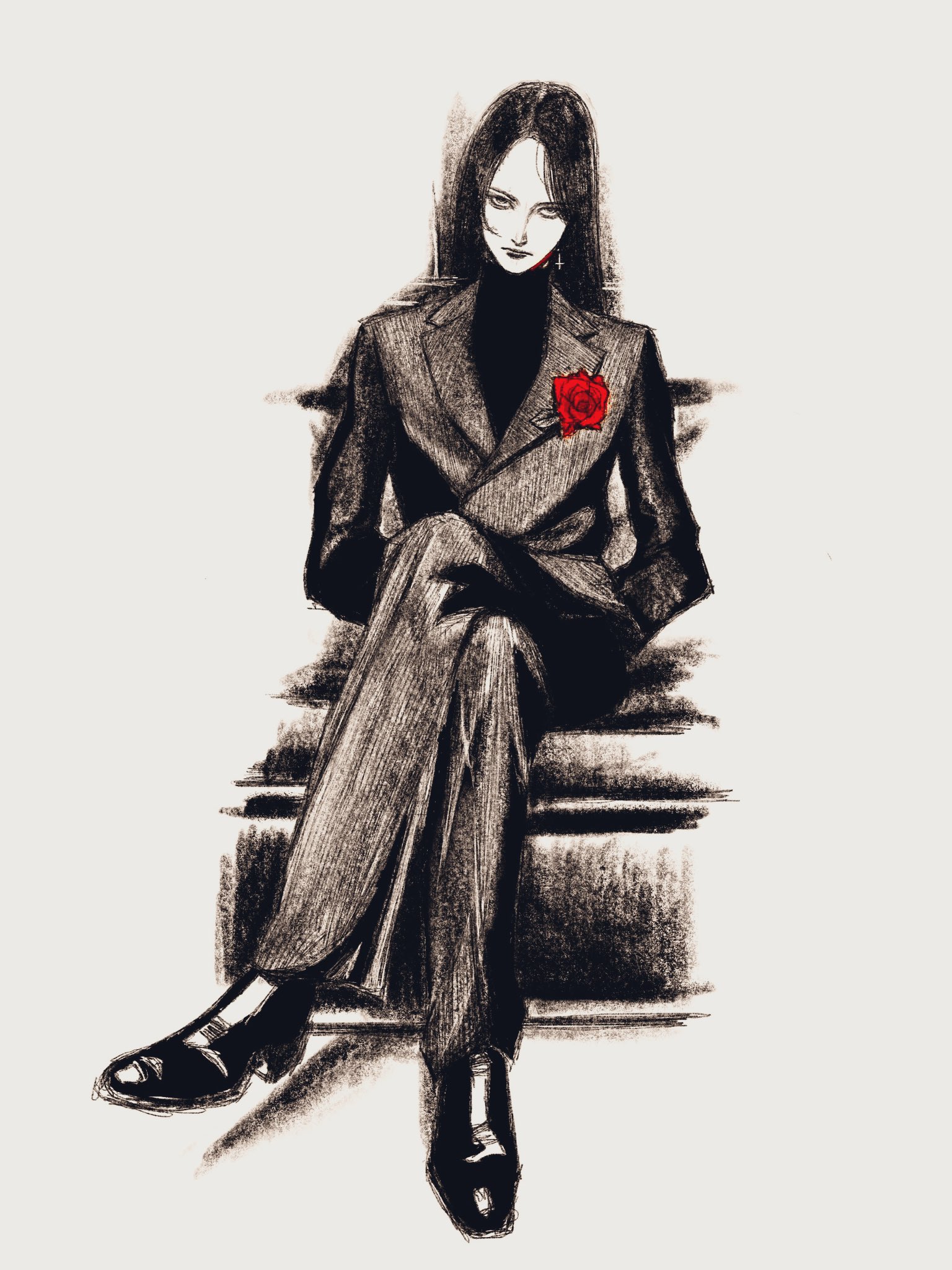 tp p pt, original, highres, 1girl, black hair, dress flower, flower, formal clothes, full body, greyscale, long hair, looking at viewer, monochrome, pant suit, pants, red flower, red rose, rose, sitting, solo, spot color, straight-on, suit, white background