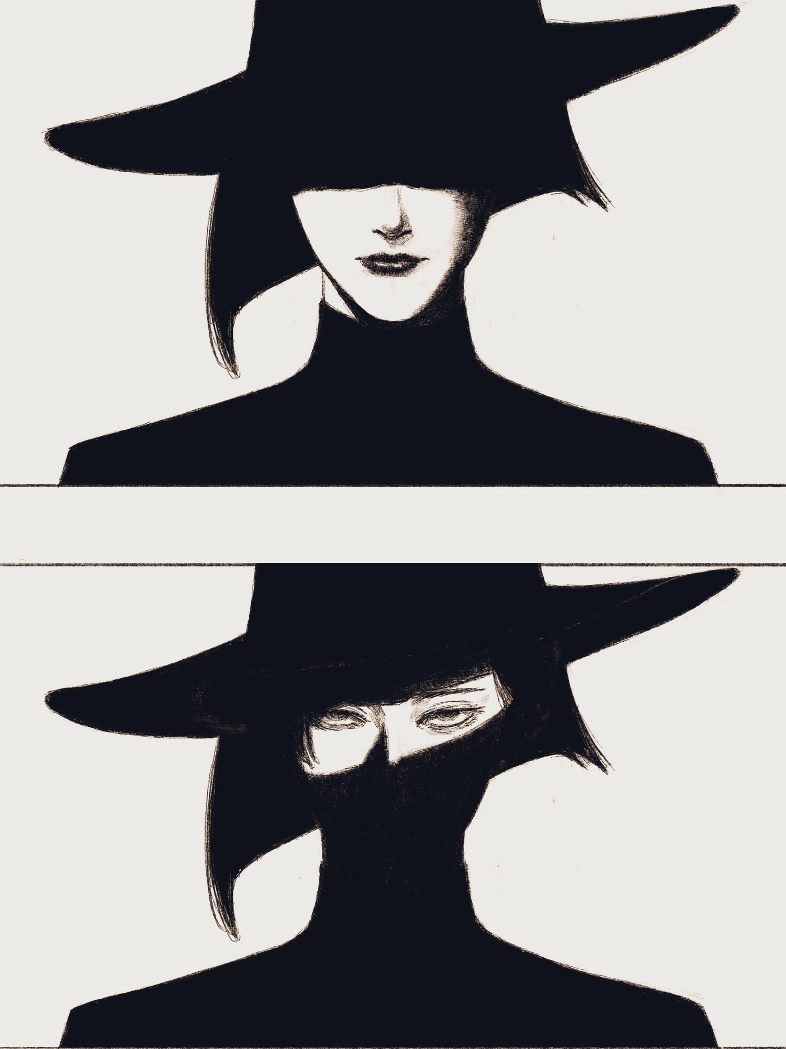 tp p pt, original, highres, 1girl, black hair, black outline, bob cut, greyscale, hat, looking at viewer, monochrome, outline, short hair, solo, straight-on, wide brim