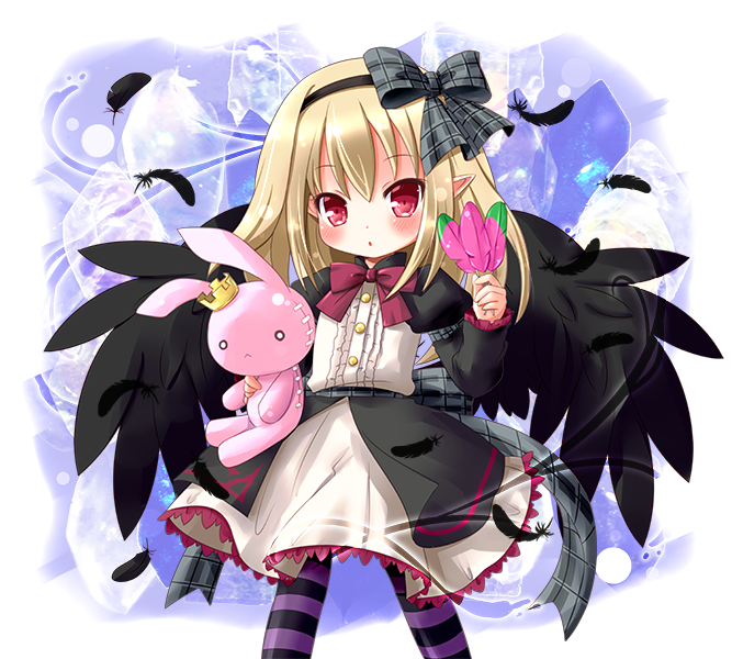 akino sakura, dark feather alma, emil chronicle online, 1girl, black dress, black feathers, black hairband, black ribbon, black thighhighs, black wings, blonde hair, dress, feathers, hair ribbon, hairband, holding, holding feather, holding stuffed toy, neck ribbon, pointy ears, purple thighhighs, red eyes, red ribbon, ribbon, solo, striped clothes, striped thighhighs, stuffed animal, stuffed rabbit, stuffed toy, thighhighs, two-tone dress, white dress, wings