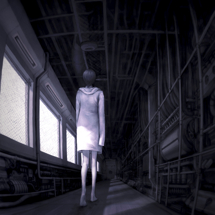iwai ryou, original, 1girl, bare legs, barefoot, black hair, female focus, hallway, indoors, long sleeves, machinery, short hair, sleeves past wrists, solo, window