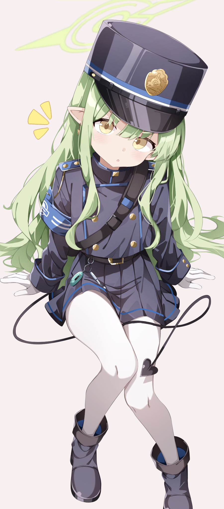 sabana, hikari (blue archive), blue archive, highres, 1girl, armband, demon tail, gloves, green hair, halo, hat, long hair, pantyhose, pointy ears, simple background, skirt, solo, tail, white gloves, white pantyhose
