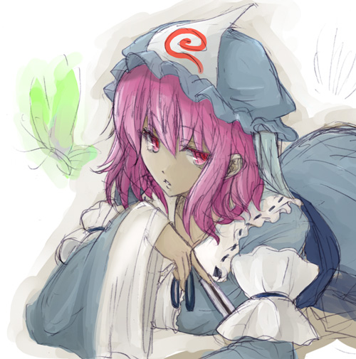 shikai (iesiki 56), saigyouji yuyuko, touhou, 1girl, arm garter, female focus, hand fan, hat, japanese clothes, kimono, long sleeves, lying, mob cap, obi, on stomach, pink eyes, pink hair, sash, shikai, simple background, sketch, solo, triangular headpiece, wide sleeves