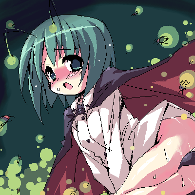 petenshi (dr. vermilion), wriggle nightbug, touhou, lowres, 1girl, antennae, blush, bottomless, bug, cape, dress shirt, female focus, fireflies, firefly, green eyes, green hair, insect, matching hair/eyes, oekaki, shirt, short hair, solo