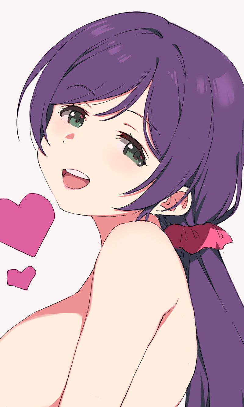duke (inu daimyou), tojo nozomi, love live!, love live! school idol project, commentary request, highres, 1girl, breasts, green eyes, grey background, hair ornament, hair scrunchie, heart, large breasts, long hair, looking at viewer, nude, purple hair, red scrunchie, scrunchie, simple background, solo, upper body