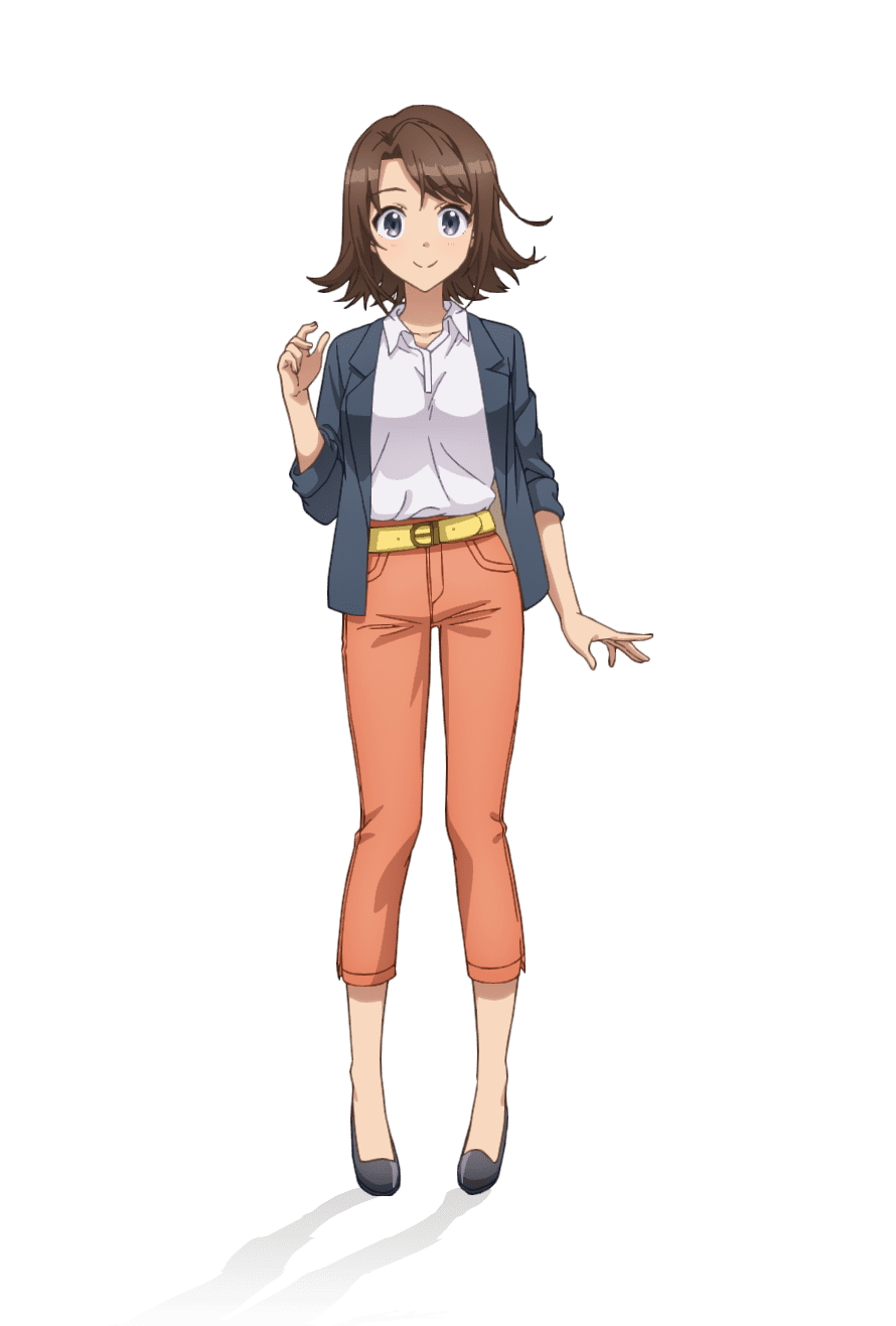 taniguchi motohiro, myojin rinne, cue!, highres, official art, 1girl, anime coloring, belt, black shoes, blue jacket, blush, breasts, brown hair, closed mouth, collarbone, collared shirt, denim, flipped hair, full body, grey eyes, hand up, high heels, jacket, jeans, large breasts, long sleeves, looking at viewer, open clothes, open hand, open jacket, orange pants, pants, shirt, shoes, short hair, simple background, sleeves rolled up, smile, solo, standing, tachi-e, tented shirt, transparent background, white shirt, yellow belt