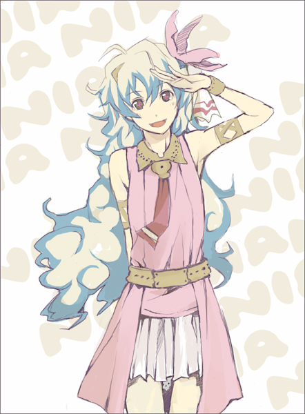 yoshito, nia teppelin, tengen toppa gurren lagann, + +, 00s, 1girl, ahoge, armlet, bracelet, character name, cowboy shot, cross-shaped pupils, dress, female focus, flower, hair flower, hair ornament, jewelry, long hair, multicolored hair, neckerchief, necktie, pink dress, pink skirt, red neckerchief, skirt, sleeveless, solo, square-end necktie, symbol-shaped pupils