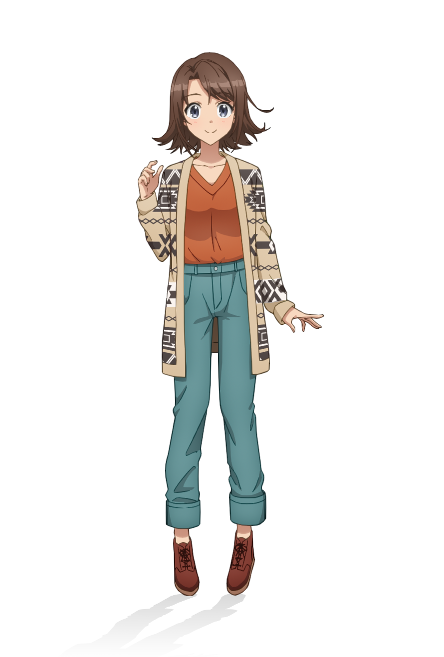 taniguchi motohiro, myojin rinne, cue!, highres, official art, 1girl, anime coloring, blue pants, blush, breasts, brown hair, brown jacket, brown shoes, closed mouth, collarbone, denim, flipped hair, full body, grey eyes, hand up, jacket, jeans, large breasts, long sleeves, looking at viewer, open hand, orange shirt, pants, pants rolled up, shirt, shoes, short hair, simple background, smile, solo, standing, sweater jacket, tachi-e, tented shirt, transparent background