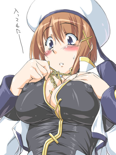 jon shicchiou, yagami hayate, lyrical nanoha, mahou shoujo lyrical nanoha, mahou shoujo lyrical nanoha strikers, 00s, 1girl, between breasts, breasts, covered erect nipples, female focus, hair ornament, large breasts, solo, x hair ornament