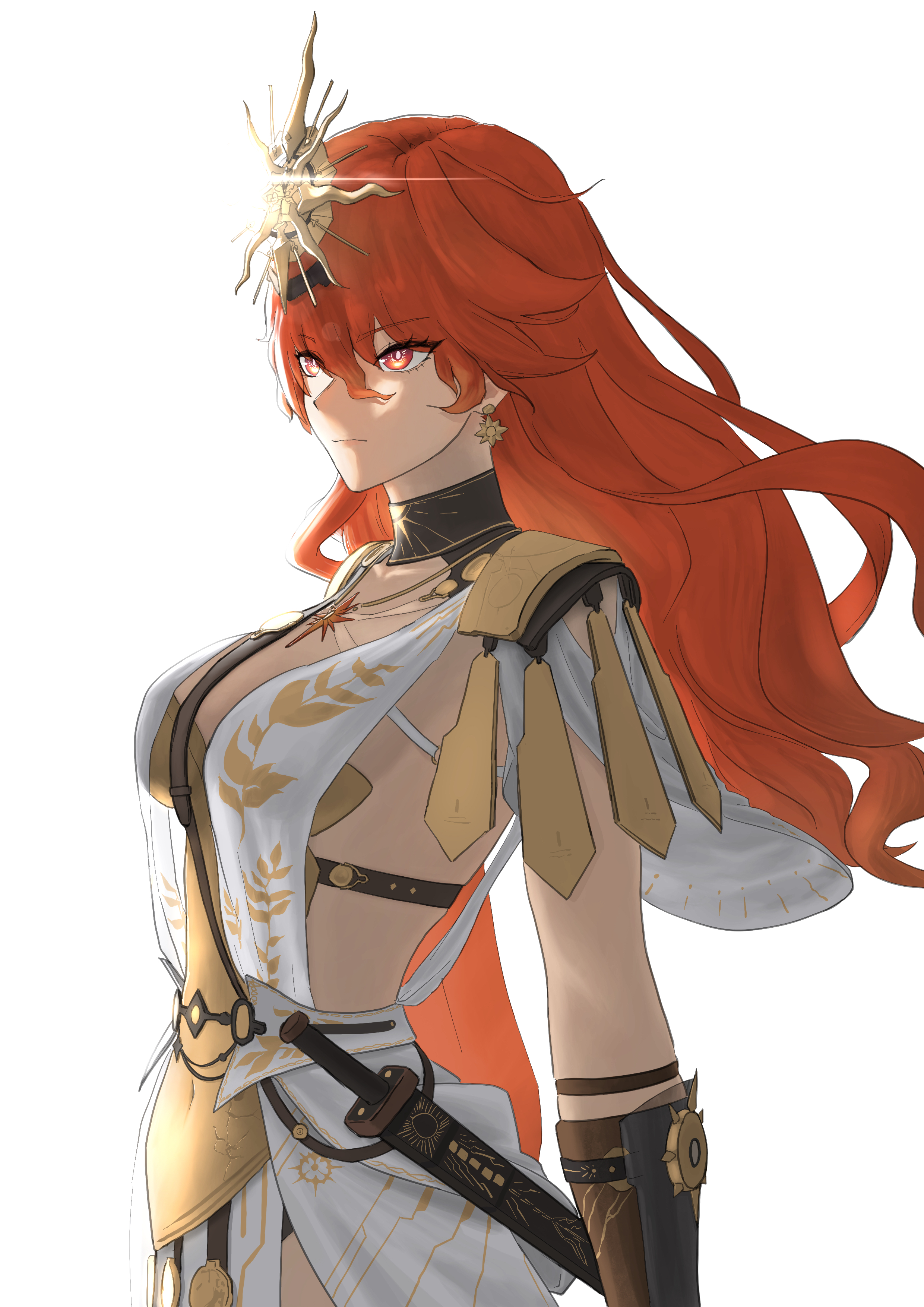 bell (only-id 228), augusta (wuthering waves), wuthering waves, absurdres, commentary, highres, 1girl, ancient greek clothes, arm armor, armor, black collar, breastplate, breasts, closed mouth, collar, covered navel, cowboy shot, dress, earrings, greco-roman clothes, hair between eyes, headgear, jewelry, large breasts, long hair, looking ahead, orange hair, red eyes, sheath, simple background, solo, sun earrings, sun necklace, white background, white dress