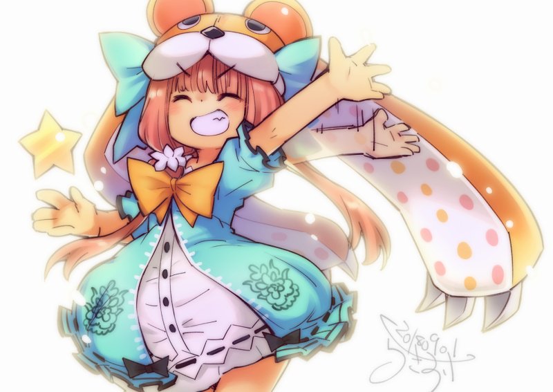 rakisuke, bear alma, emil chronicle online, ^ ^, animal hood, artist name, bow flower, brown hair, closed eyes, dated, dress, green jacket, green ribbon, hat, hat ribbon, hood, jacket, long hair, low twintails, ribbon, signature, smile, star (symbol), twintails, v-shaped eyebrows, waving, white background, white dress, yellow ribbon