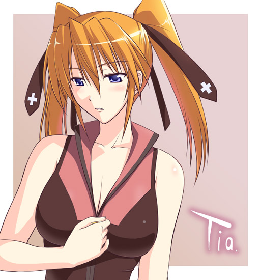 ishigaki takashi, teana lanster, lyrical nanoha, mahou shoujo lyrical nanoha, mahou shoujo lyrical nanoha strikers, 00s, 1girl, blue eyes, character name, female focus, magical girl, orange hair, solo, twintails, unzipping