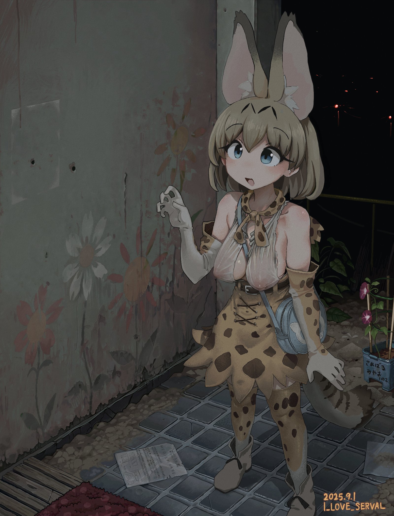 i love serval, serval (kemono friends), kemono friends, highres, 1girl, animal ear fluff, animal ears, animal print, bare shoulders, blonde hair, blue eyes, bow, bowtie, breasts, center opening, covered erect nipples, dilapidated, elbow gloves, gloves, hanging breasts, high-waist skirt, large breasts, medium hair, open mouth, print bow, print bowtie, print gloves, print scarf, print skirt, print thighhighs, scarf, shirt, skirt, sleeveless, sleeveless shirt, smile, tail, tank top, thighhighs, torn clothes, torn tank top, white shirt