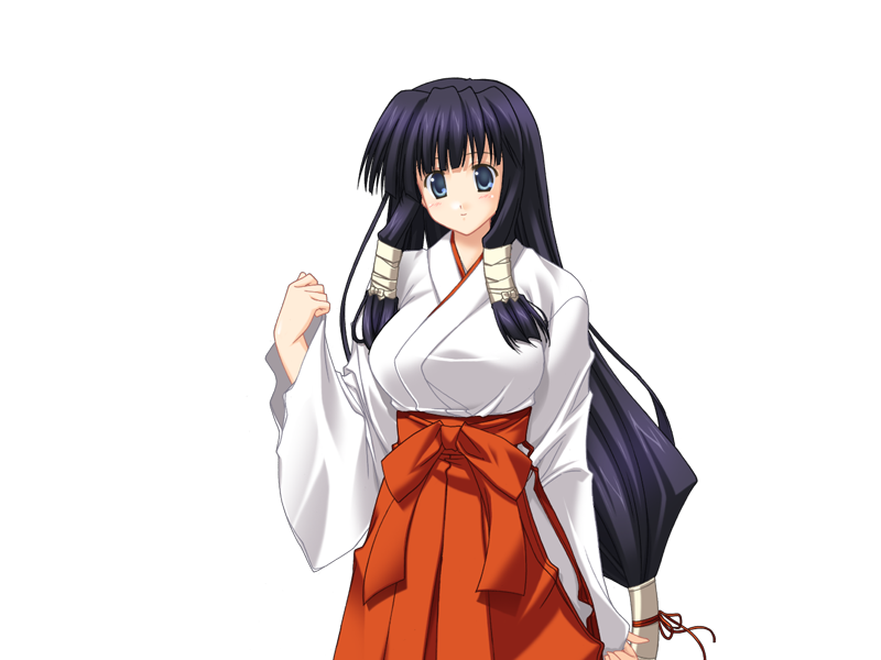 goma satoshi, munakata aoi, oshiete miko sensei, game cg, 1girl, black hair, blue eyes, blunt bangs, blush, breasts, hakama, hakama skirt, japanese clothes, large breasts, long hair, long sleeves, low-tied long hair, miko, oshiete miko sensei (series), red hakama, simple background, skirt, solo, very long hair, white background, wide sleeves