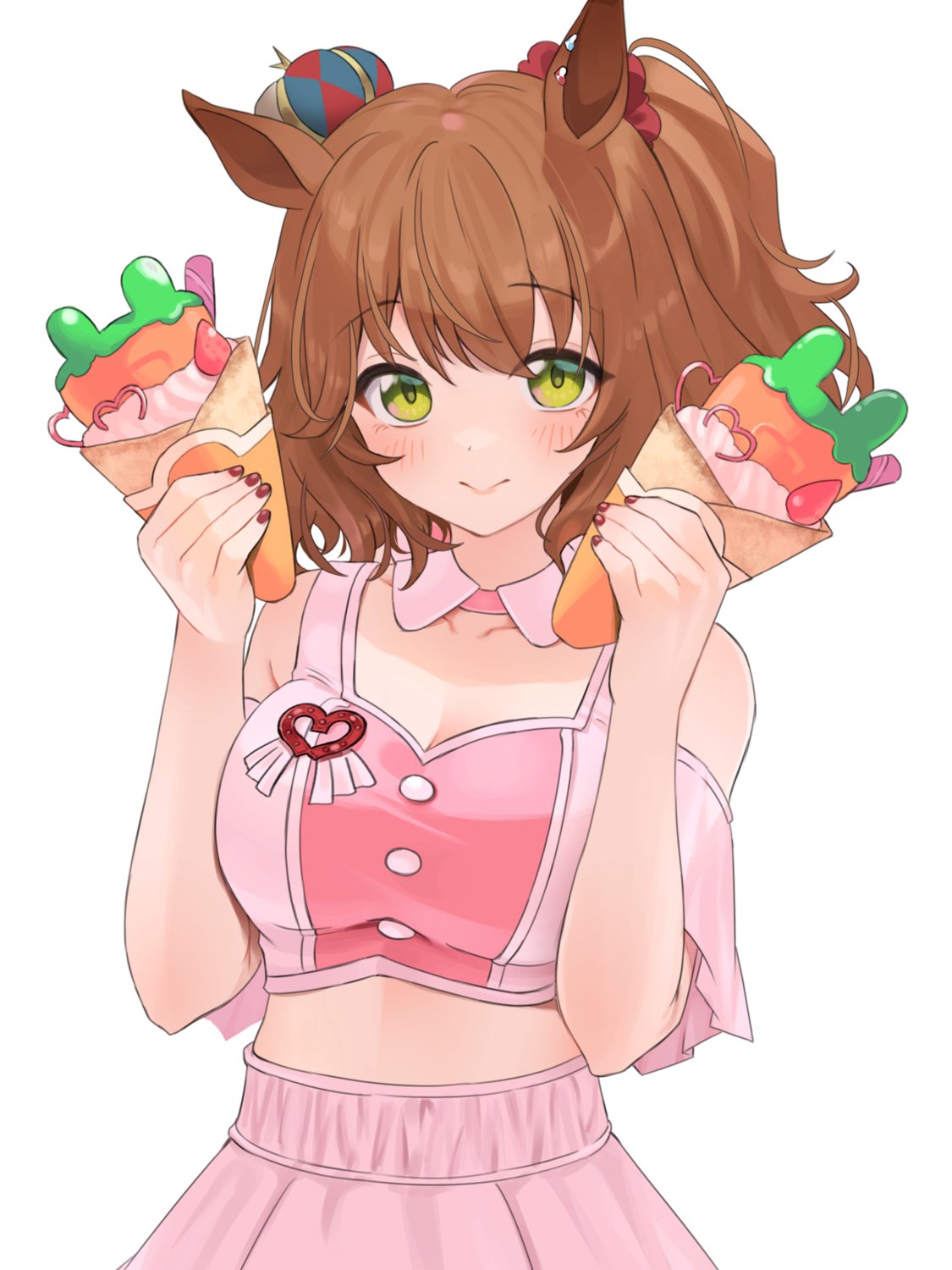 katuko deluxe, aston machan (umamusume), umamusume, commentary request, highres, 1girl, :>, animal ears, bare shoulders, blush, breasts, brown hair, cleavage, closed mouth, clothing cutout, crepe, crop top, crown, food, green eyes, hands up, holding, holding crepe, holding food, horse ears, horse girl, large breasts, looking at viewer, meni shuki rush-sshu!, mini crown, one side up, pink shirt, pink skirt, shirt, shoulder cutout, simple background, skirt, solo, upper body, white background