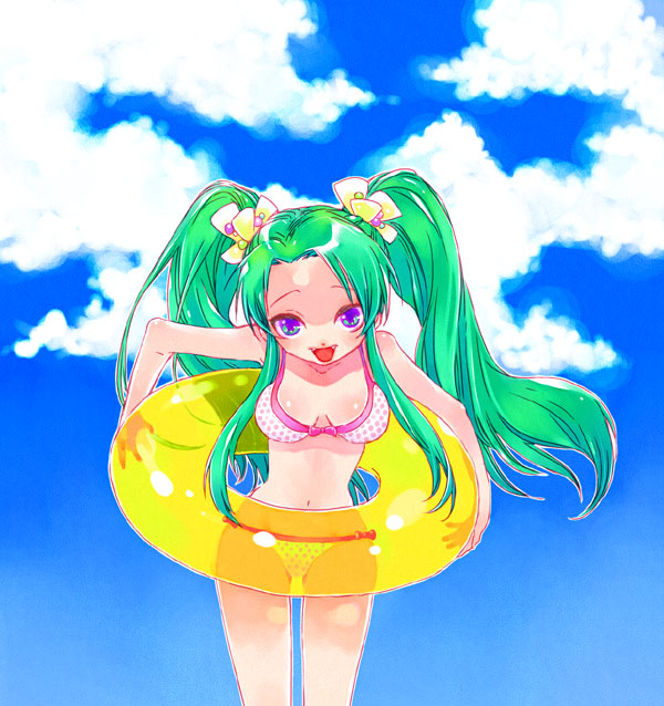 poitanu, tsuruya, suzumiya haruhi no yuuutsu, 00s, 1girl, bikini, cloud, day, female focus, innertube, long hair, polka dot, polka dot bikini, sky, solo, swim ring, swimsuit, very long hair