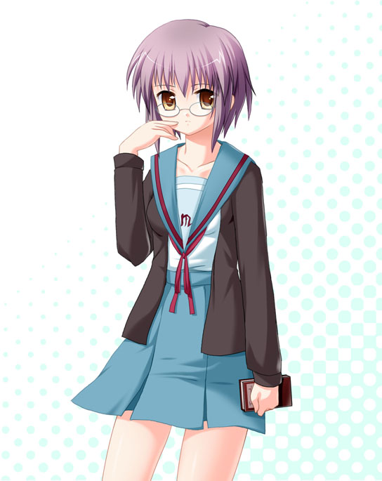maroppe, nagato yuki, suzumiya haruhi no yuuutsu, 00s, cardigan, glasses, school uniform, serafuku, solo
