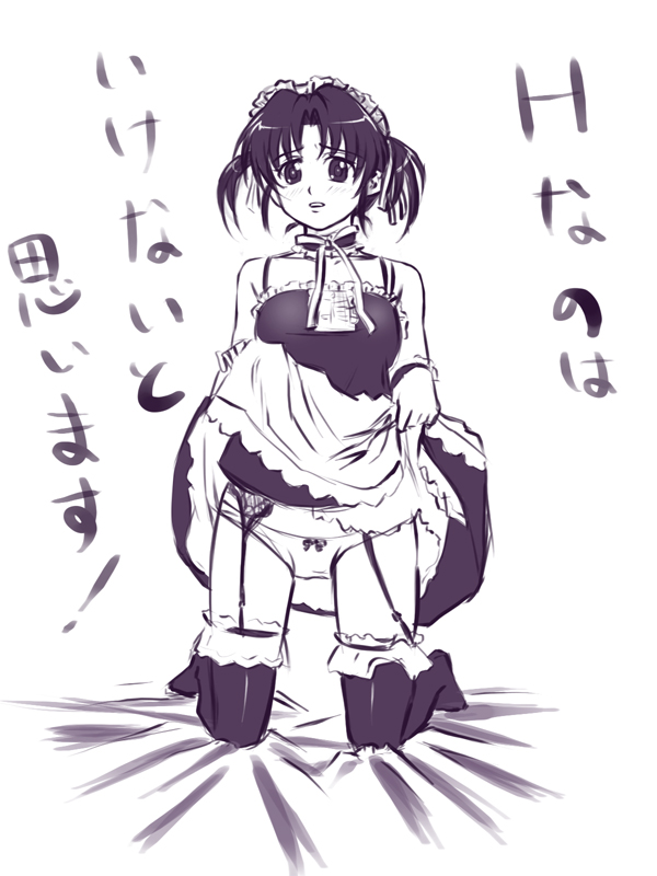 sandgarden, 1girl, clothes lift, female focus, garter belt, lingerie, maid, monochrome, panties, skirt, skirt lift, solo, thighhighs, underwear