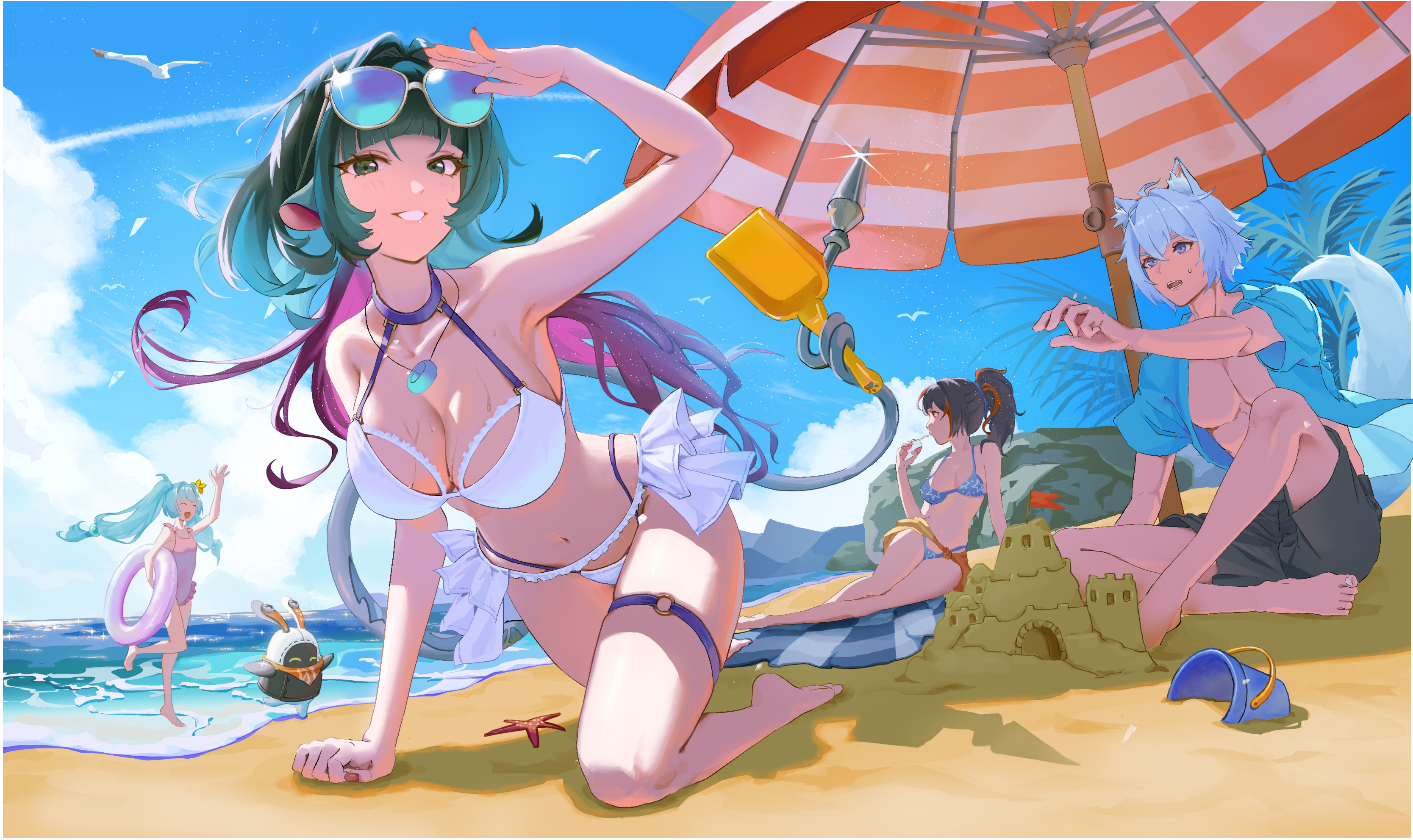 eous (zenless zone zero), jane doe (zenless zone zero), qingyi (zenless zone zero), seth lowell, zhu yuan, zenless zone zero, absurdres, highres, 1boy, 1other, 3girls, android, animal ears, barefoot, beach, bikini, bird, black shorts, blue bikini, blue shirt, blue sky, breasts, bucket, cat boy, cat ears, cat tail, closed eyes, cloud, eyewear on head, green hair, hand on own head, long tail, looking at another, looking at viewer, mouse ears, mouse girl, mouse tail, multicolored hair, multiple girls, ocean, one-piece swimsuit, open mouth, pink one-piece swimsuit, ponytail, red hair, red nails, red streaks, sand, sand castle, sand sculpture, seagull, sharp tail, shirt, shorts, shovel, sky, streaked hair, sunglasses, sweatdrop, swimsuit, tail, thigh strap, twintails, umbrella, user wevk4487, water, white bikini