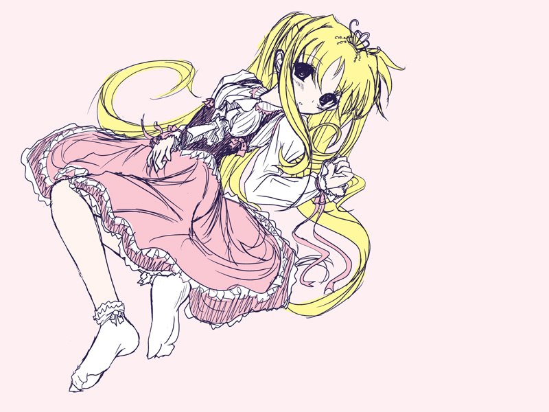frapowa, fate testarossa, lyrical nanoha, mahou shoujo lyrical nanoha, 00s, 1girl, blonde hair, bobby socks, dress, female focus, full body, head tilt, long hair, pink background, pink dress, simple background, socks, solo, very long hair, white socks