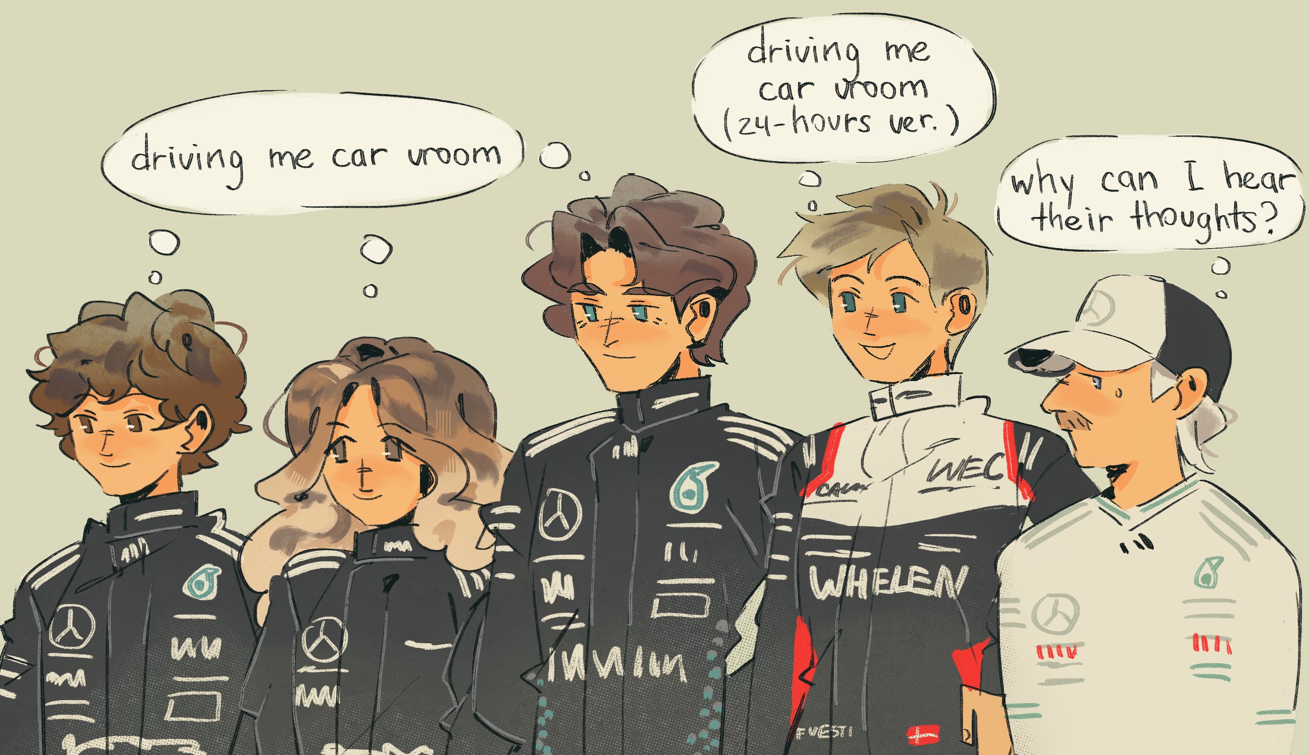 formula one, real life, commentary, english commentary, highres, 1girl, 4boys, andrea kimi antonelli, baseball cap, black racing suit, blonde hair, blue eyes, brown eyes, brown hair, closed mouth, doriane pin, english text, f1 academy, facial hair, frederik vesti, george russell, grey background, hat, long hair, looking to the side, mind reading, multiple boys, mustache, no sclera, open mouth, parted bangs, racing suit, shirt, short hair, simple background, small sweatdrop, smile, sog goog, speech bubble, thought bubble, valtteri bottas, wavy hair, white hair, white hat, white shirt, world endurance championship