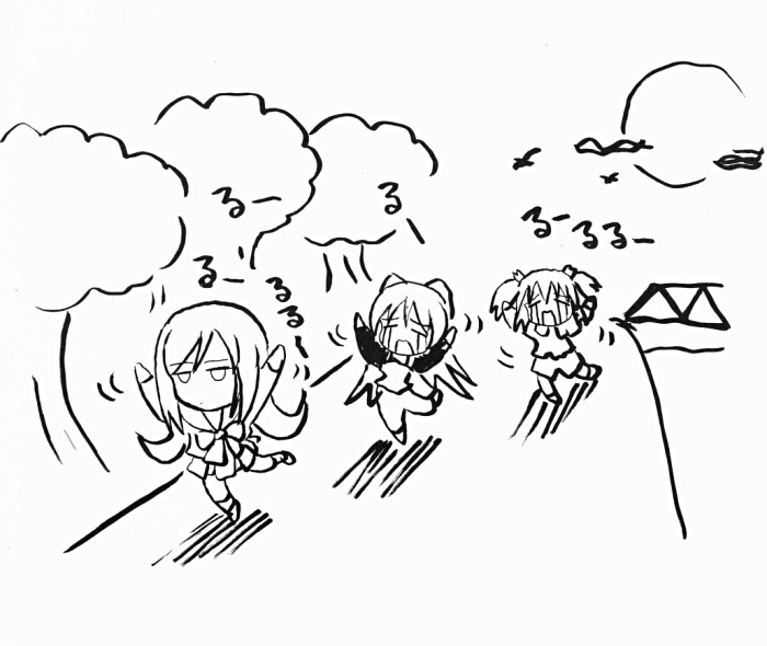 kousaka tamaki, lucy maria misora, yuzuhara konomi, to heart (series), to heart 2, 00s, 3girls, :d, ^ ^, arms up, blush, closed eyes, expressionless, flying sweatdrops, full body, greyscale, jitome, monochrome, motion lines, multiple girls, open mouth, outdoors, plant, road, running, school uniform, serafuku, short hair, smile, street, tree