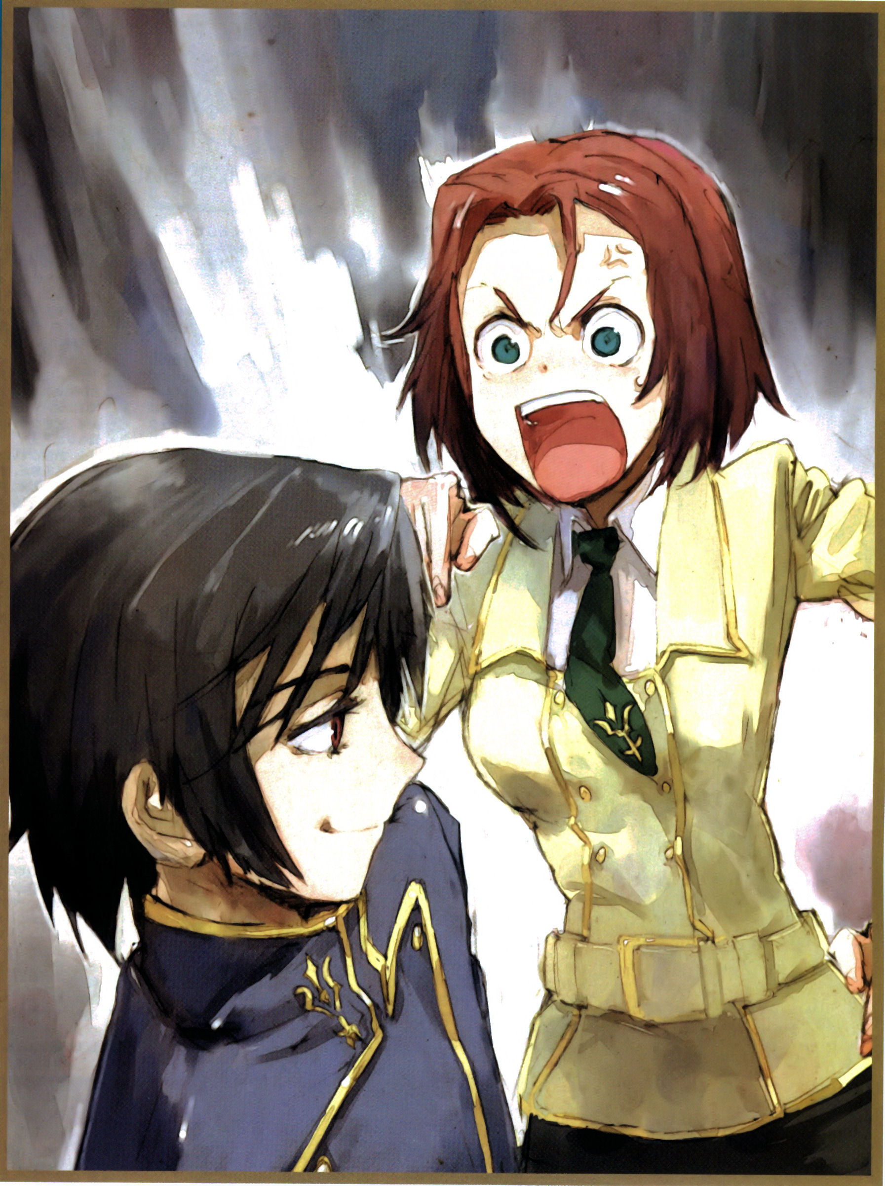 toi8, kouzuki kallen, lelouch vi britannia, code geass, absurdres, highres, scan, 00s, 1boy, 1girl, anger vein, angry, open mouth, smile, smirk, tsundere