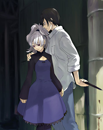 hei (darker than black), yin (darker than black), darker than black, looking away, silver hair, lowres, 00s, 1boy, 1girl, black pantyhose, cleavage cutout, clothing cutout, collared shirt, cowboy shot, dress shirt, hetero, holding, holding behind back, holding hands, long sleeves, outdoors, pantyhose, ponytail, purple eyes, purple skirt, shirt, skirt, standing, white shirt