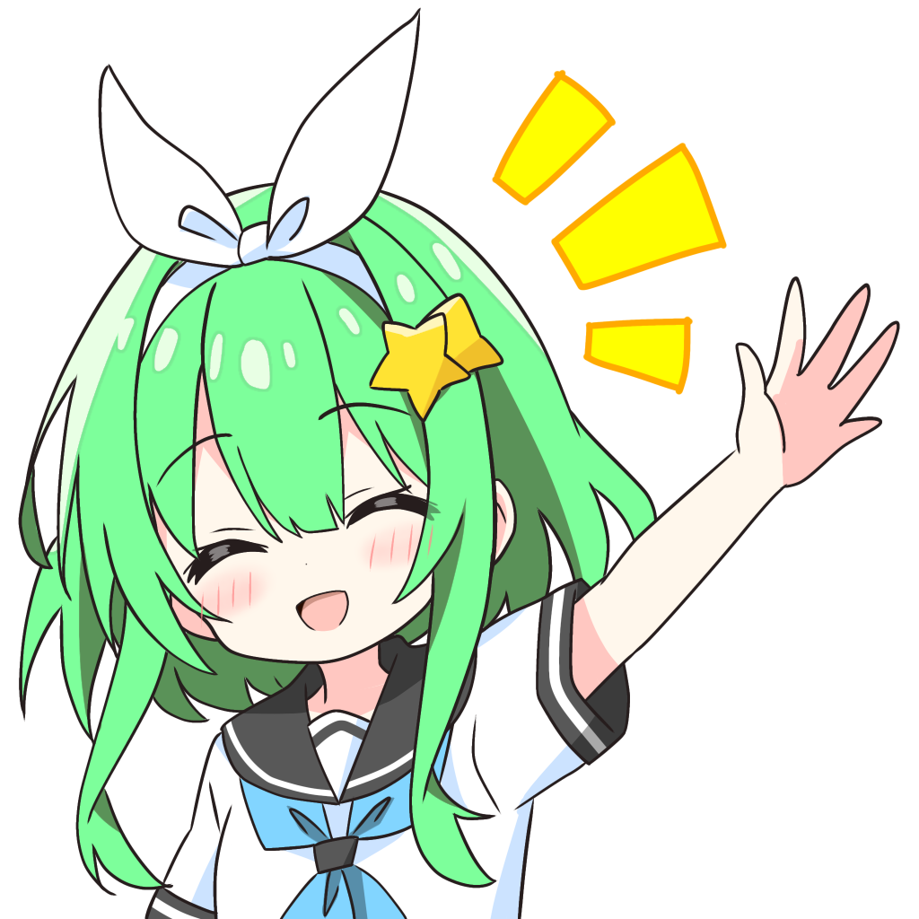 kotatsu-mazoku, original, commentary request, 1girl, :d, ^ ^, arm up, black sailor collar, blue neckerchief, blush, bow hairband, closed eyes, facing viewer, green hair, hair ornament, hairband, neckerchief, notice lines, open mouth, outstretched arm, sailor collar, school uniform, serafuku, shirt, shooting star hair ornament, short hair with long locks, short sleeves, simple background, smile, solo, star (symbol), star hair ornament, upper body, white background, white hairband, white shirt