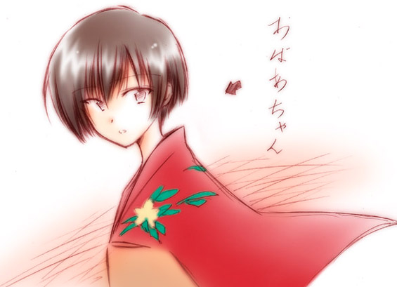 renzu (mushishi), mushishi, 1girl, arrow (symbol), female focus, japanese clothes, parted lips, short hair, solo