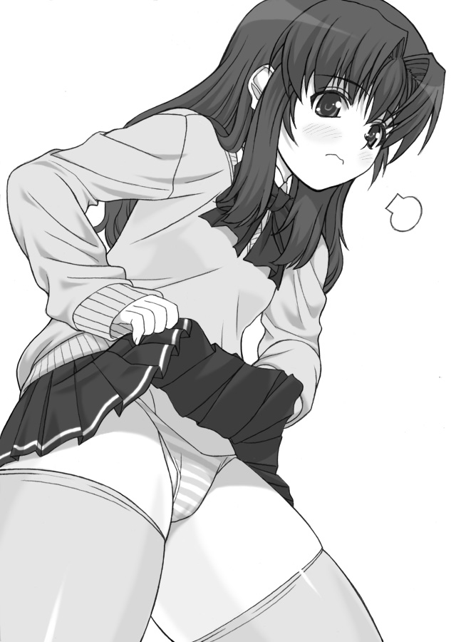 shichimenchou, morino ichigo, onegai teacher, onegai twins, 00s, 1girl, blush, bow, bowtie, cameltoe, clothes lift, embarrassed, female focus, flat chest, frown, greyscale, long hair, long sleeves, monochrome, panties, pleated skirt, school uniform, serafuku, simple background, skirt, skirt lift, sleeves past wrists, solo, standing, striped clothes, striped panties, sweater, thick thighs, thighhighs, thighs, underwear