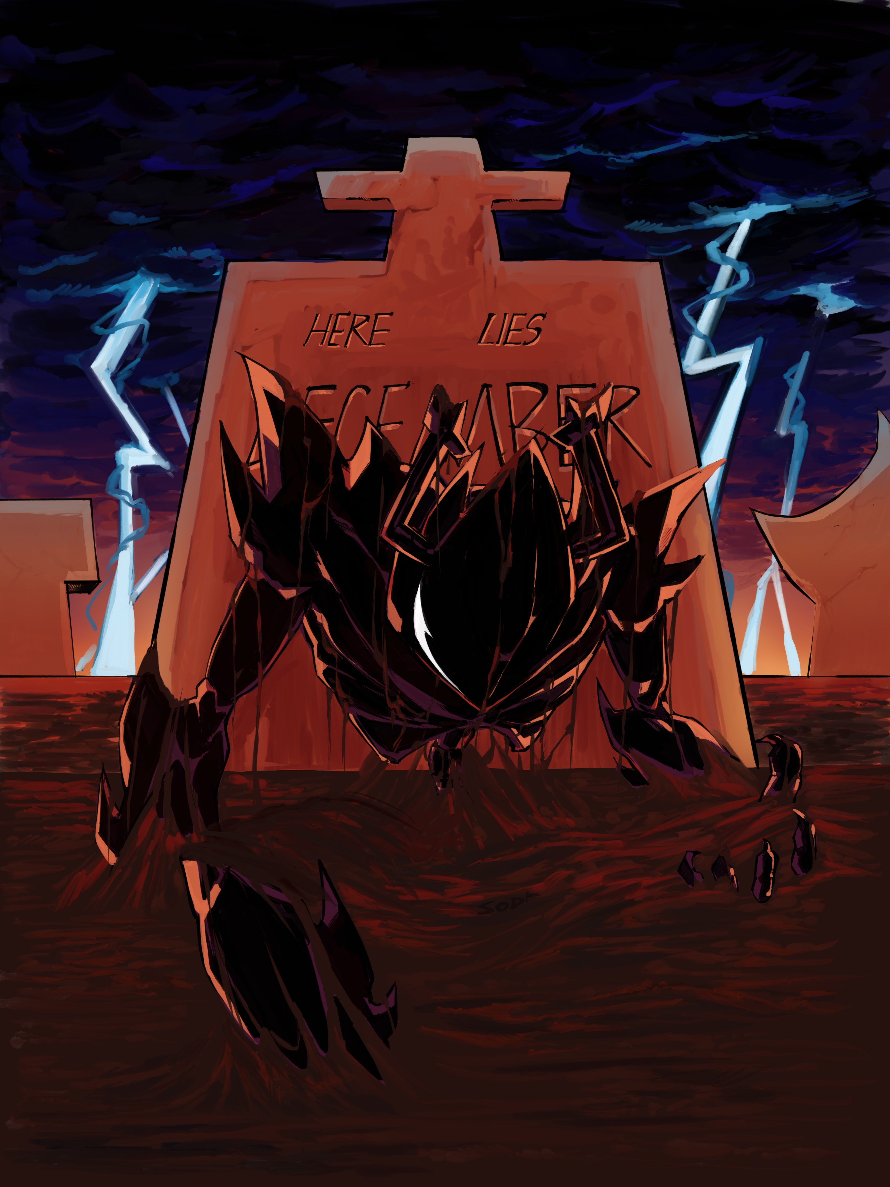 roaring knight, deltarune, marvel, spider-man (series), utdr (toby fox), absurdres, derivative work, highres, 1other, antlers, armor, cloud, cloudy sky, cross, dirt, glowing, glowing eyes, grave, graveyard, horns, knight, outstretched arms, sky, sodaggs, spiked pauldrons, thunder, tombstone, white eyes