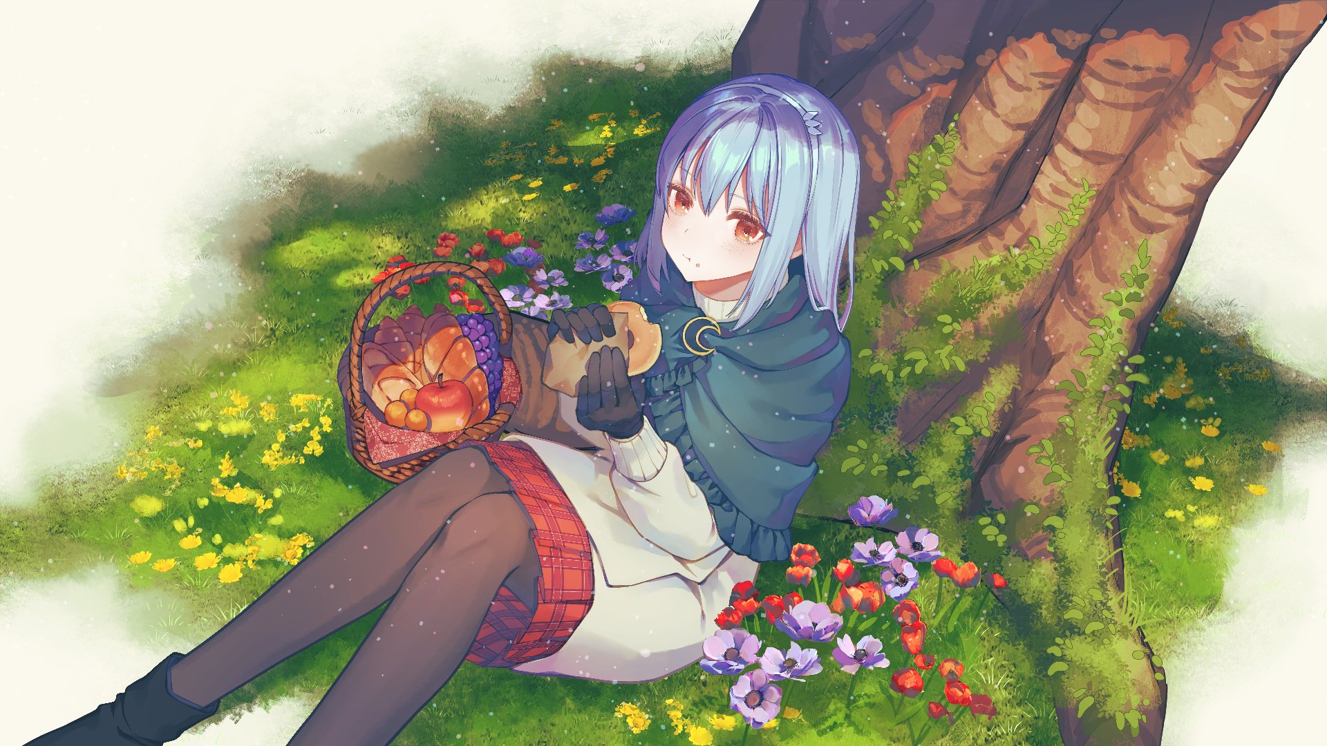 fujimi nanna, sophie hayter, aru majo ga shinu made, highres, official art, 1girl, :t, black boots, black gloves, black pantyhose, blue hair, blush, boots, breasts, capelet, closed mouth, coat, crescent, eating, flower, food, fruit, full body, gloves, hair between eyes, hairband, holding, holding food, long sleeves, miniskirt, outdoors, pantyhose, pleated skirt, purple flower, red eyes, red flower, red skirt, sidelocks, sitting, skirt, solo, tree, white coat, white hairband
