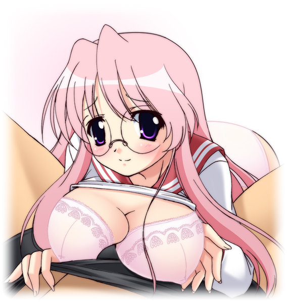 narutaki shin, takara miyuki, lucky star, 00s, 1girl, blush, bra, breasts, clothed sex, glasses, huge breasts, lingerie, paizuri, penis, pink hair, purple eyes, solo focus, underwear