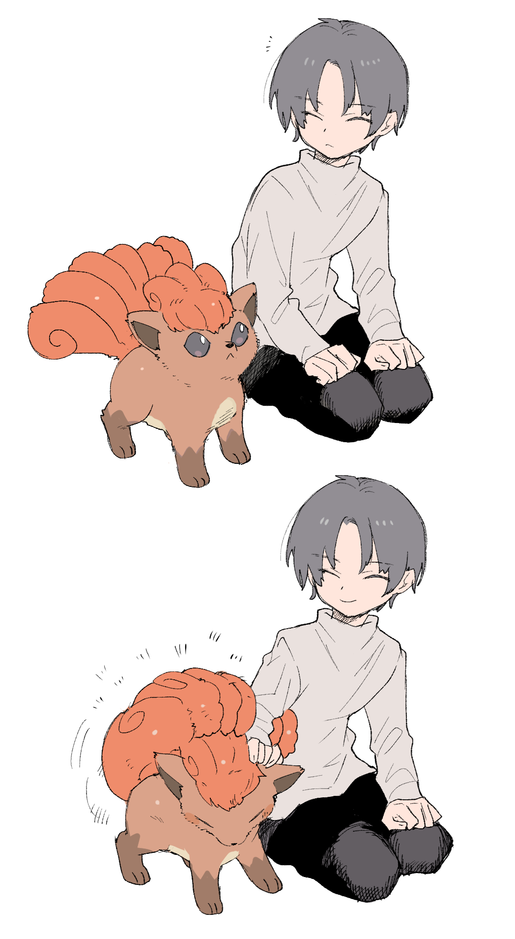 newo (shinra-p), vulpix, nintendo, pokemon, highres, 1boy, black pants, closed eyes, forehead, gen 1 pokemon, grey hair, light smile, long sleeves, pants, petting, pokemon (creature), seiza, short hair, sitting, smile, sweater, turtleneck, turtleneck sweater