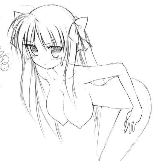 miyata gakuman, hiiragi kagami, lucky star, 00s, 1girl, alternate breast size (larger), bent over, blush, breasts, female focus, greyscale, hanging breasts, huge breasts, leaning forward, long hair, looking at viewer, monochrome, nipples, nude, simple background, solo, tsurime, twintails, white background