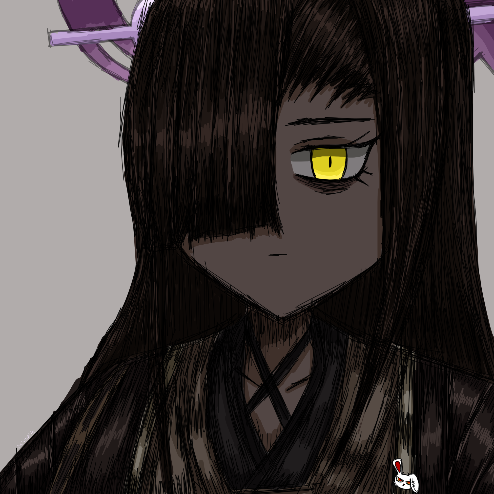 karin (blue archive), zilu (project moon), blue archive, limbus company, project moon, highres, annoyed, bags under eyes, black hair, chinese clothes, dark-skinned female, dark skin, hair over one eye, halo, long hair, parody, patlolplay, sketch, sticker, yellow eyes