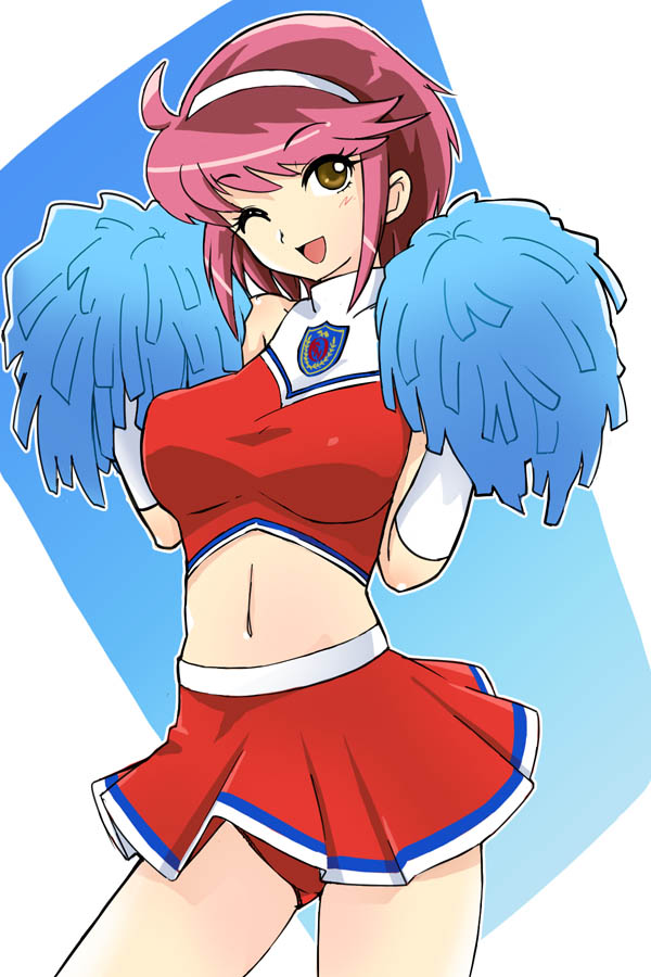 michael f91, shirosaki rin, osu! tatakae! ouendan, 1girl, breasts, cheerleader, female focus, gloves, hairband, large breasts, midriff, one eye closed, ouendan, panties, pantyshot, perky breasts, pink hair, pom pom (cheerleading), skirt, smile, solo, turtleneck, underwear, wink, yellow eyes