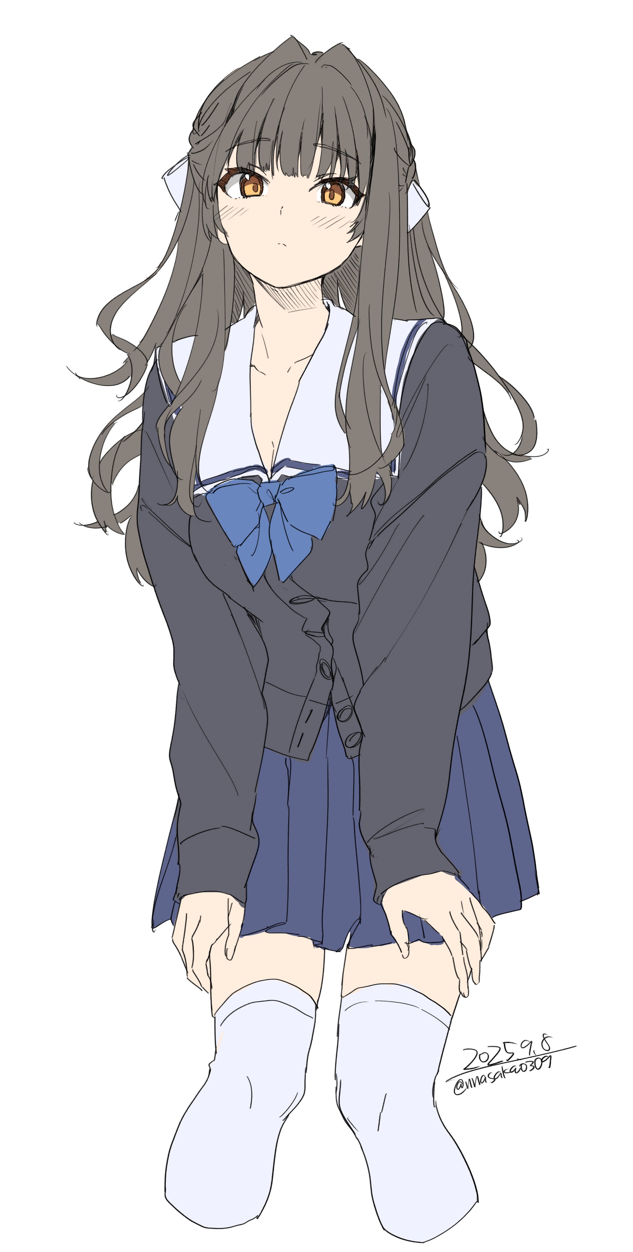 unasaka ryou, original, absurdres, highres, 1girl, black cardigan, blue bow, blue skirt, bow, breasts, brown eyes, brown hair, cardigan, closed mouth, collarbone, hair ornament, long hair, long sleeves, pleated skirt, sailor collar, school uniform, simple background, skirt, solo, thighhighs, white background, white sailor collar, white thighhighs, zettai ryouiki