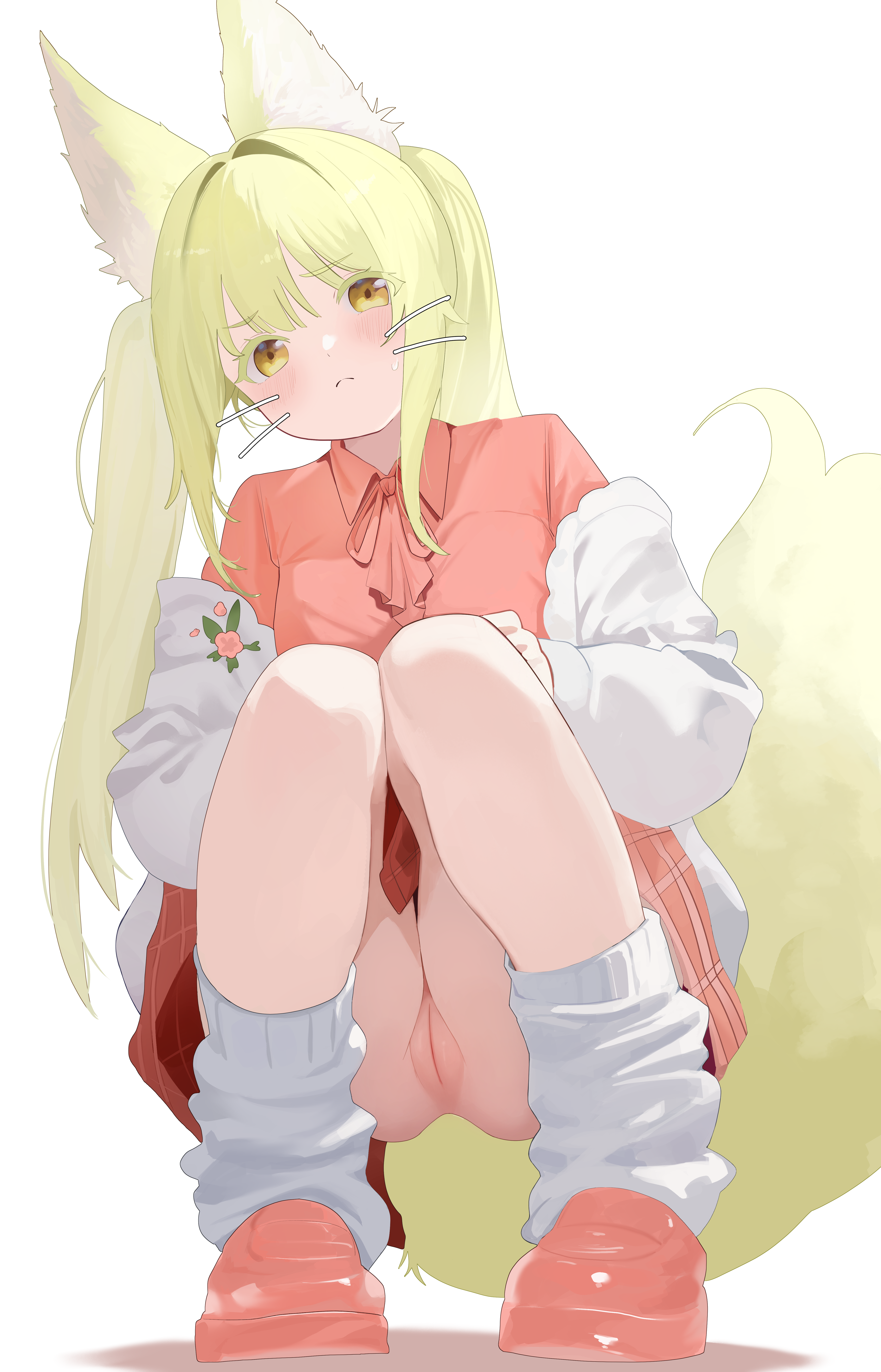 nbee ya, original, absurdres, commission, highres, 1girl, animal ears, blonde hair, blush, fox ears, fox girl, fox tail, looking at viewer, loose socks, off shoulder, pink shirt, pink shoes, pussy, shirt, shoes, simple background, socks, solo, squatting, sweater, tail, white background, white sweater, yellow eyes