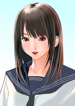 inkey, original, lowres, 1girl, :d, blue sailor collar, blunt bangs, blush, brown eyes, brown hair, collarbone, female focus, lips, open mouth, portrait, sailor collar, school uniform, serafuku, shirt, smile, solo, upper body, white shirt
