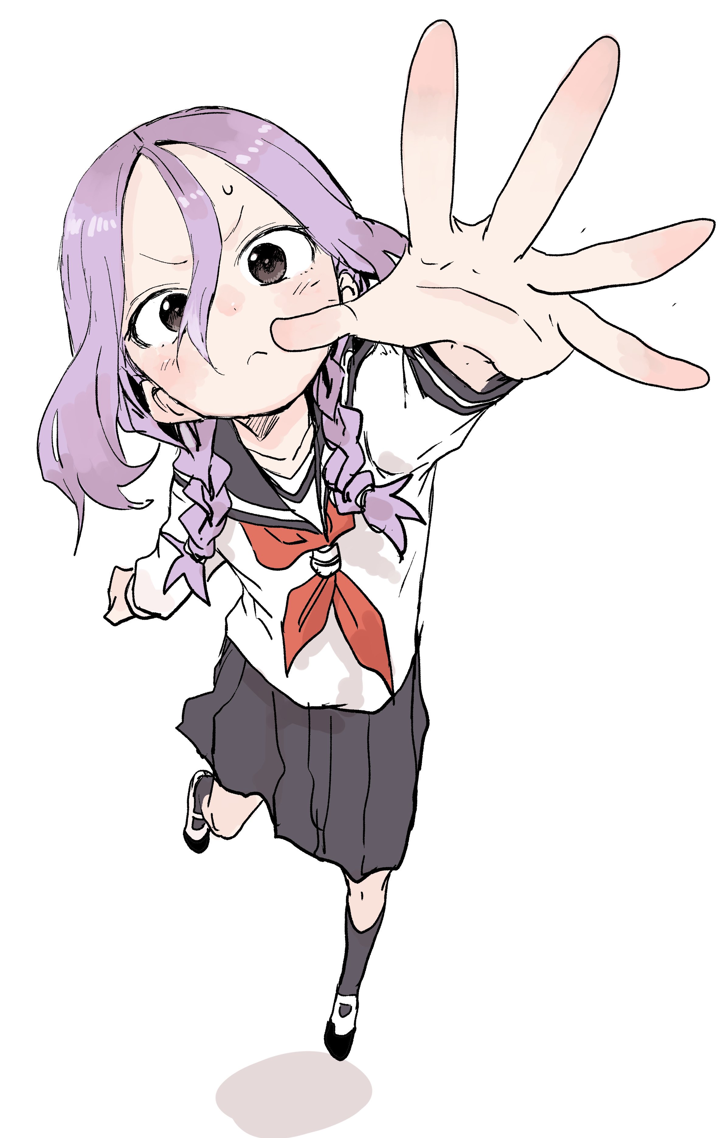 yamamoto souichirou, yaotome urushi, soredemo ayumu wa yosetekuru, absurdres, highres, >:(, 1girl, black sailor collar, blush, braid, foreshortening, full body, hair between eyes, looking at viewer, neckerchief, parted bangs, pleated skirt, reaching, reaching towards viewer, red neckerchief, sailor collar, school uniform, serafuku, skirt, solo, spread fingers, standing, standing on one leg, twin braids, v-shaped eyebrows