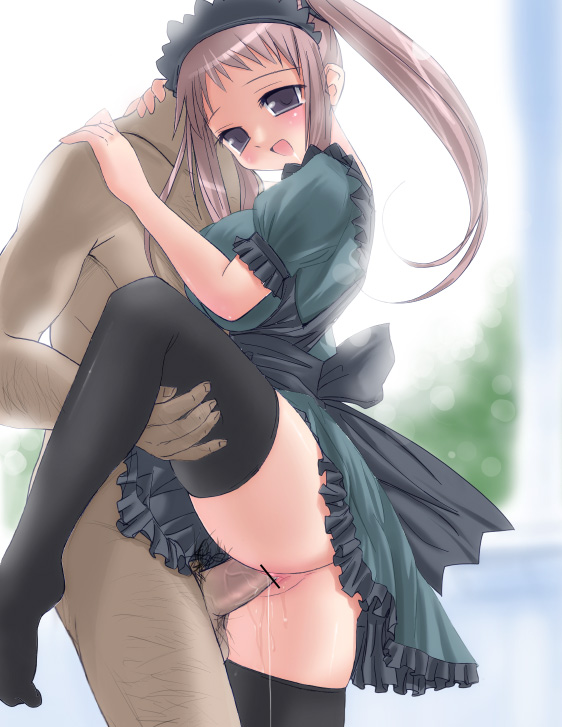 chocomark, original, 1boy, 1girl, bar censor, censored, clothed male nude female, clothed sex, hetero, leg lift, maid, no panties, nude, penis, sex, solo focus, standing, thighhighs, vaginal